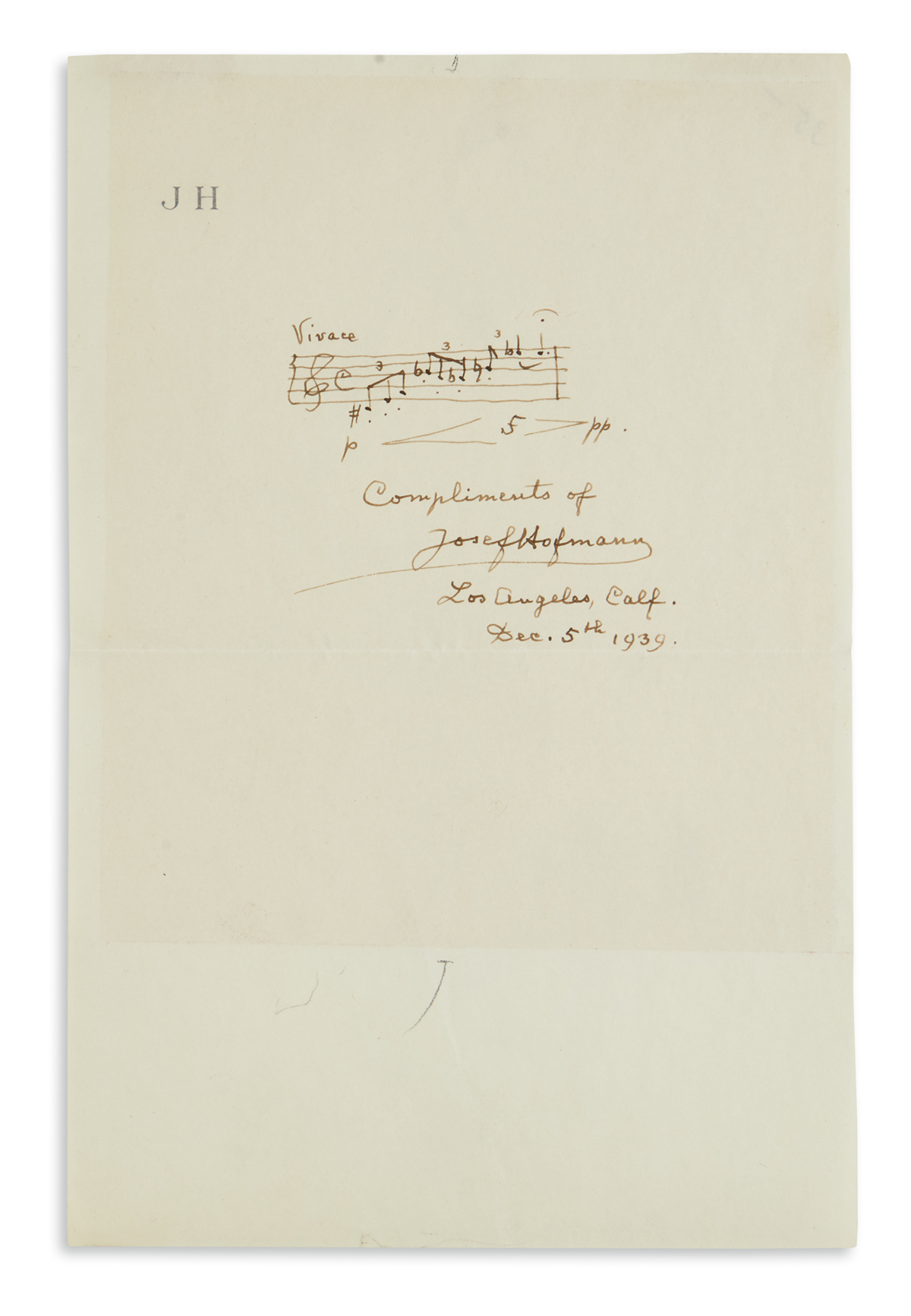 JOSEF HOFMANN. Autograph Musical Quotation Signed and Inscribed, one bar from his Chromation, notated on a...